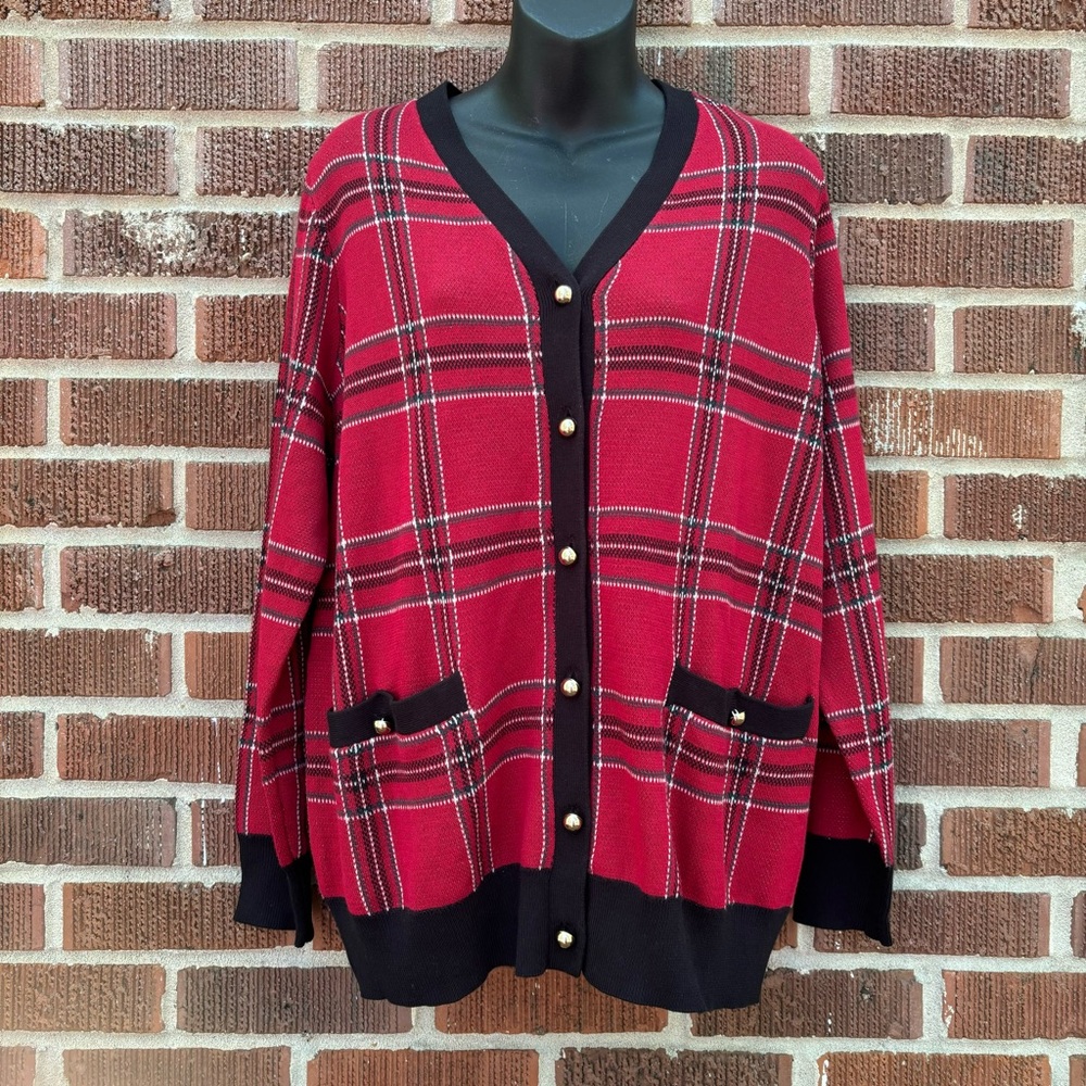 Jessica London NWOT V-Neck Red plaid front pockets Cardigan Sweater 14/16